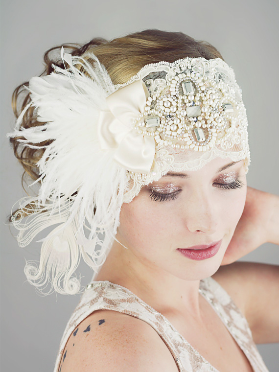 Gatsby Ivory Lace Flapper Feather Headband : Bridal - Flapper Hairstyles Gatsby Ivory Lace Flapper Feather Headband : Bridal - Flapper Hairstyles