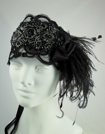 Black Lace Flapper Feather Headband : Accessories : Deanna DiBene Millinery