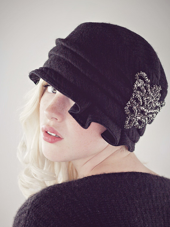 Flapper Cloche Black Wool with Pewter Beaded Applique : Hats : Deanna ...