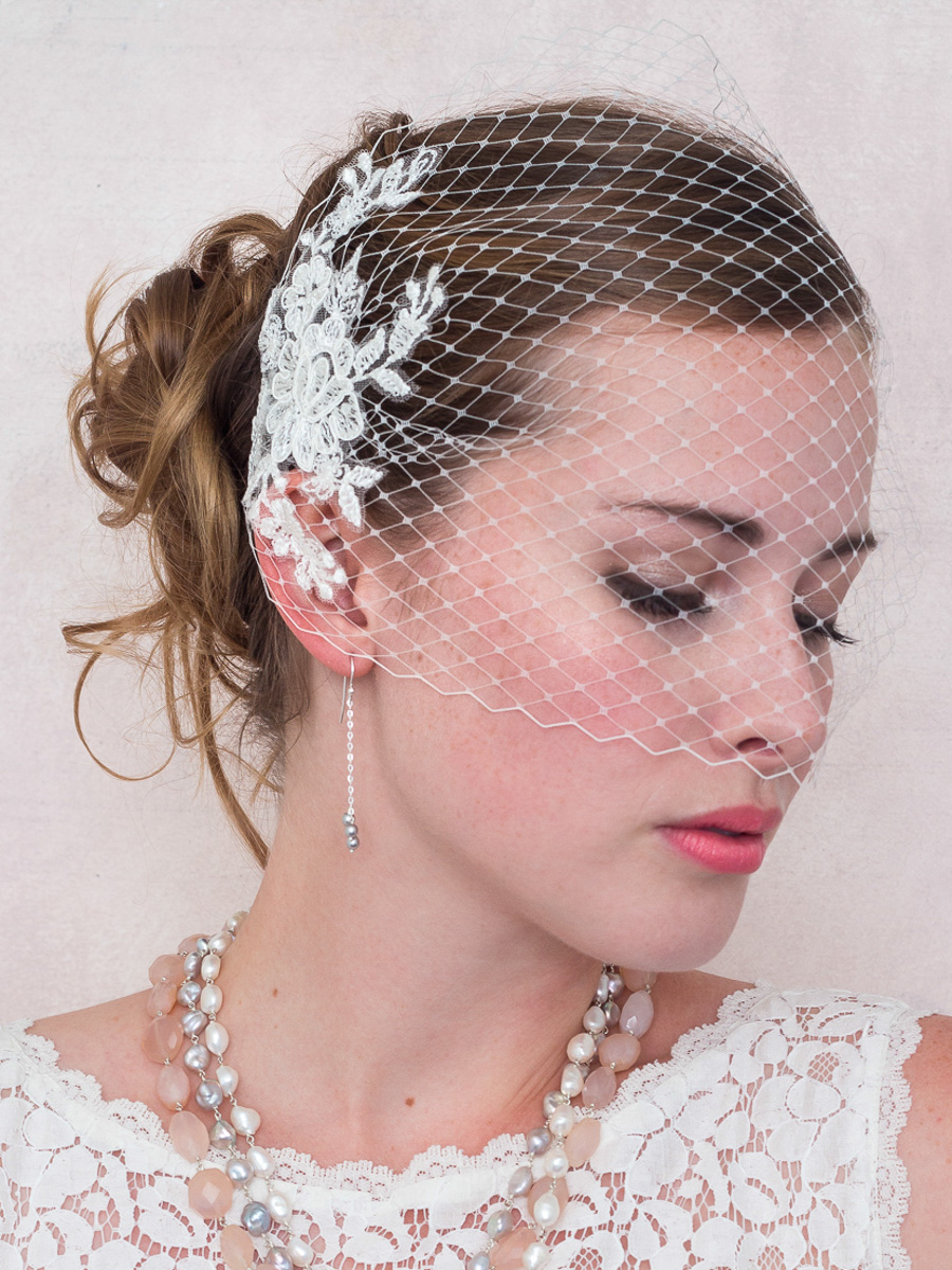 Lace and flower Birdcage Veil in Ivory with Pearls - Be Something New