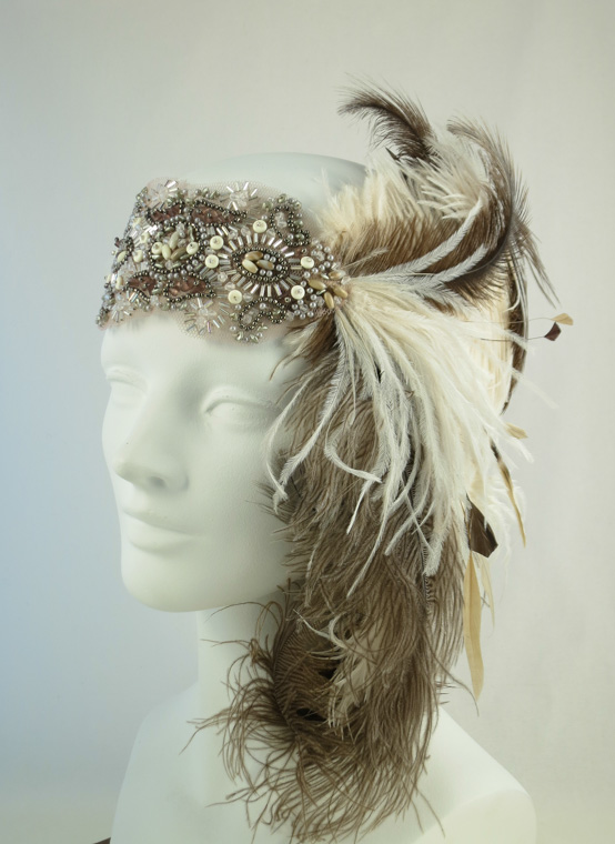 Ivory and Champagne Taupe Ostrich Feather Flapper Headband ...