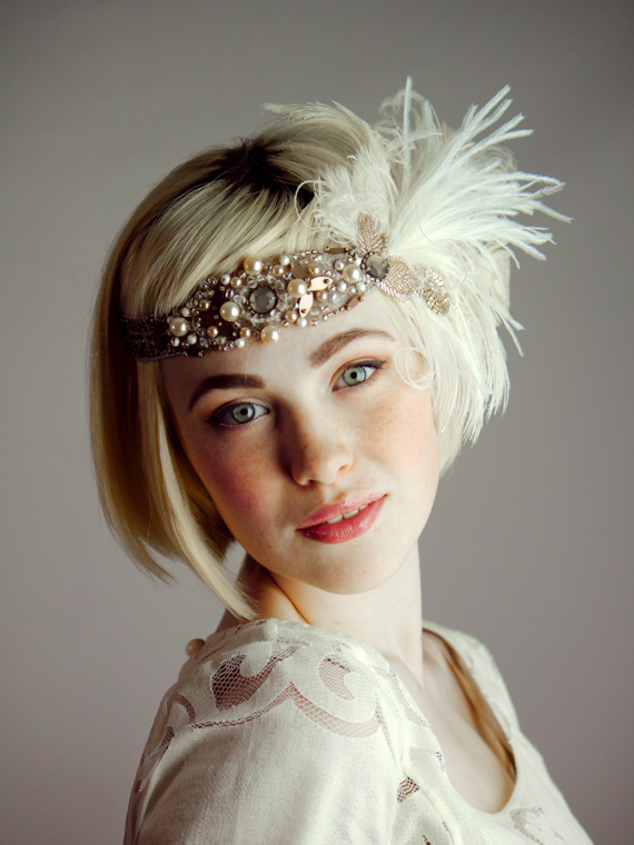 Persephone Flapper Peacock Feather Headband Bronze and Ivory : Bridal ...